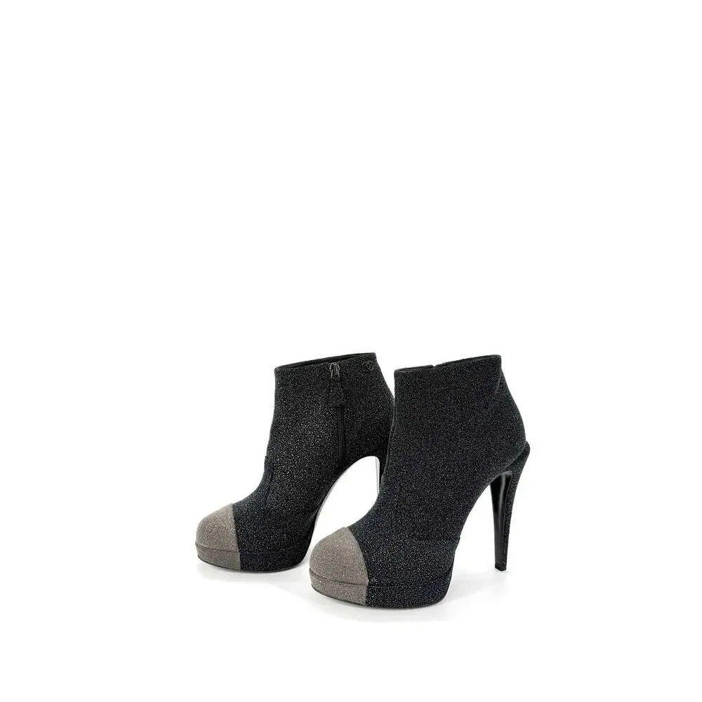 Chanel Bootie EU 40 US 10 Black Gray Leather Sparkle Platform Ankle Boots